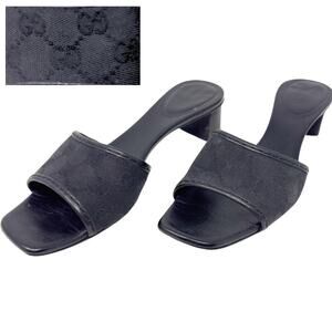 Gucci GG Logo Monogram Supreme Canvas Leather Black Heels Sandals Slides US 7